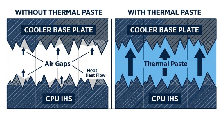 microscopic air gaps between CPU IHS and cooler base plate with thermal paste filling voids