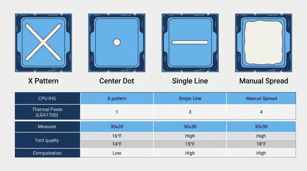 Diagram showing X pattern, center dot, line, and manual spread thermal paste layouts on a CPU heat spreader