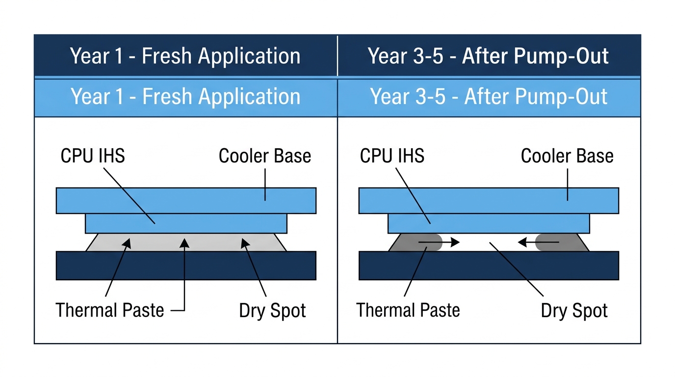 Diagram of thermal paste migrating from the IHS center toward the edges