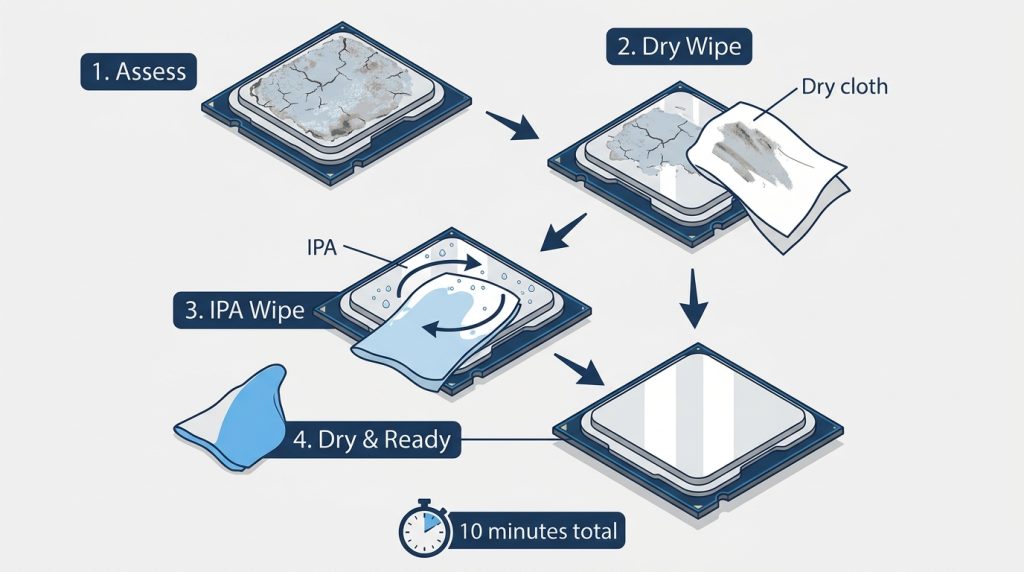 Step-by-step diagram showing CPU and cooler base plate during the thermal paste cleaning process.
