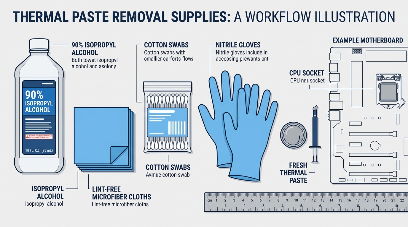 Isopropyl alcohol, lint-free cloths, cotton swabs, and nitrile gloves laid out for thermal paste removal.