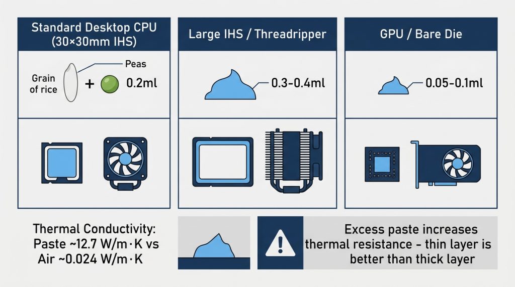 Illustration showing correct thermal paste dot size, about 0.2ml, relative to a CPU IHS