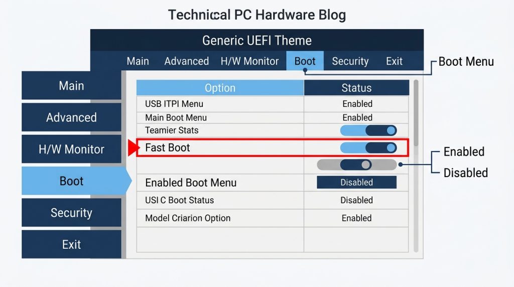 Fast Boot toggle setting UEFI BIOS Boot menu highlighted