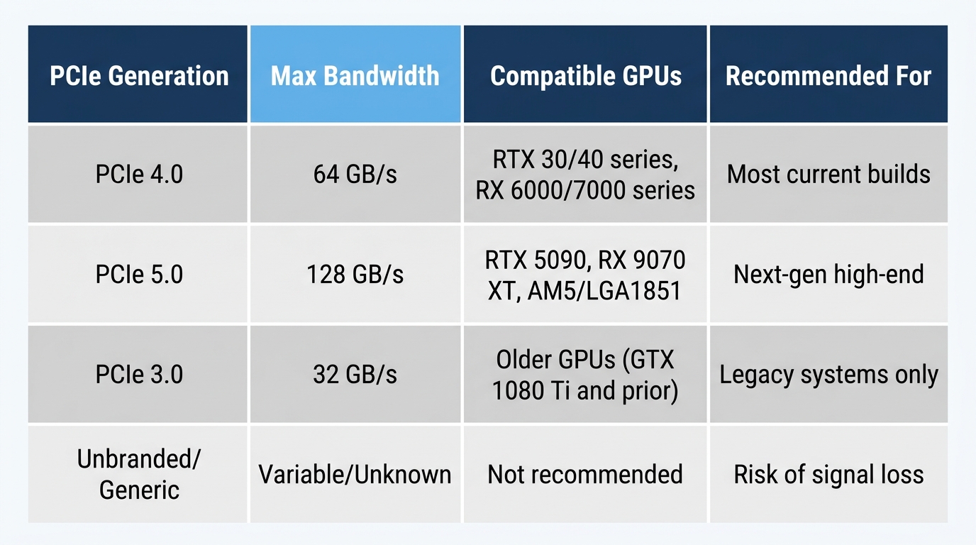 PCIe riser cable generation specifications Gen 4 Gen 5 bandwidth compatibility