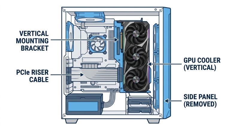 vertical GPU mount installed ATX case side panel removed cooler facing outward