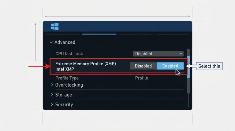 XMP enable toggle in BIOS settings menu highlighted