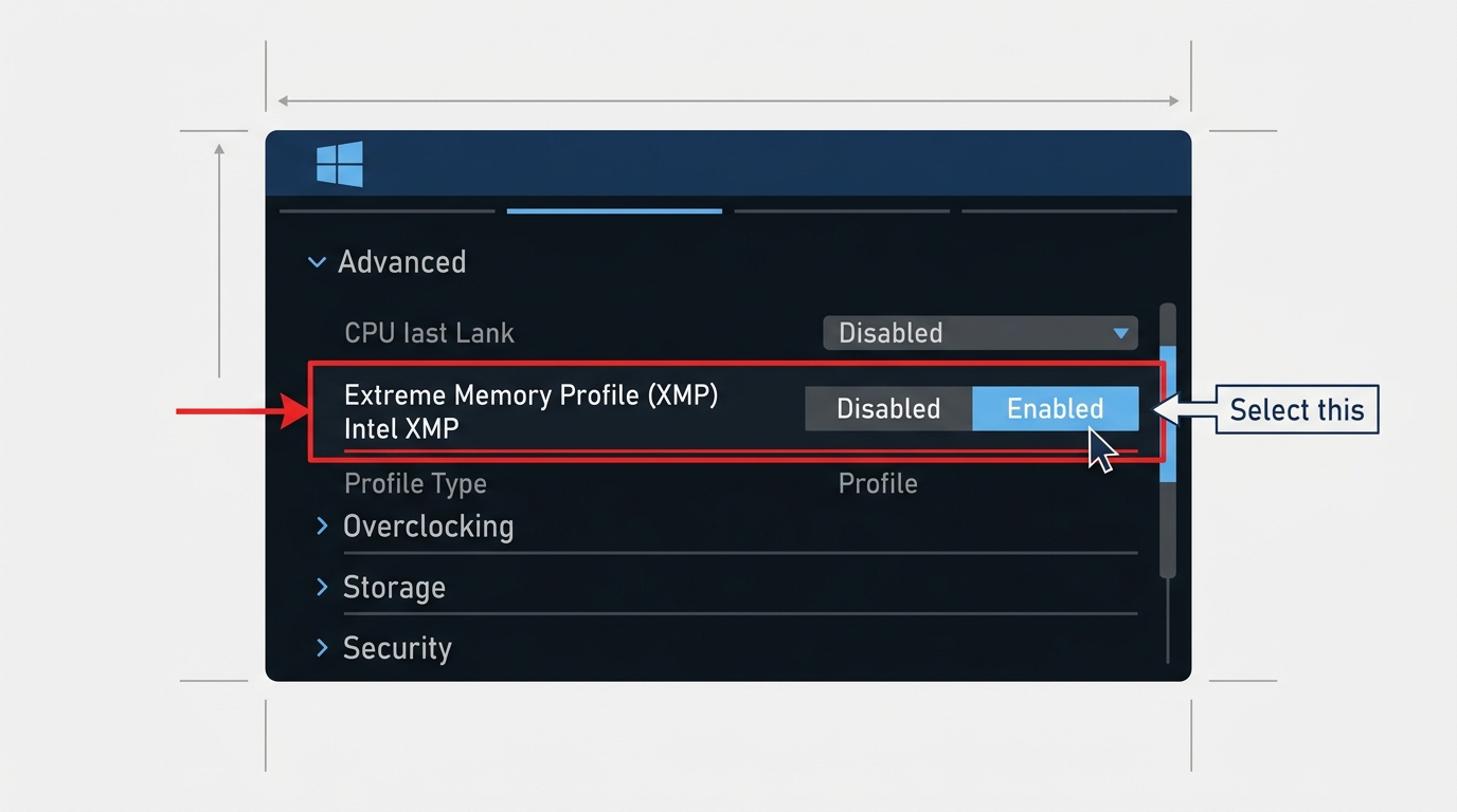 XMP enable toggle in BIOS settings menu highlighted