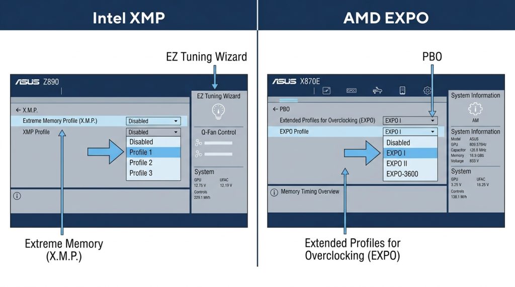 XMP toggle Intel Z890 motherboard BIOS vs EXPO toggle AMD X870E motherboard UEFI