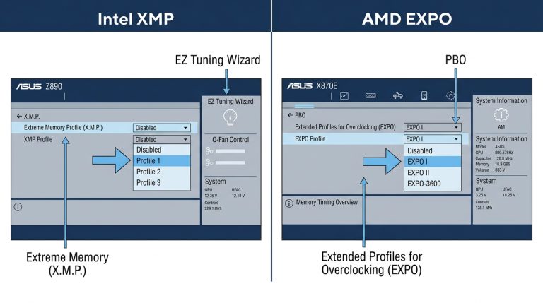 XMP toggle Intel Z890 motherboard BIOS vs EXPO toggle AMD X870E motherboard UEFI