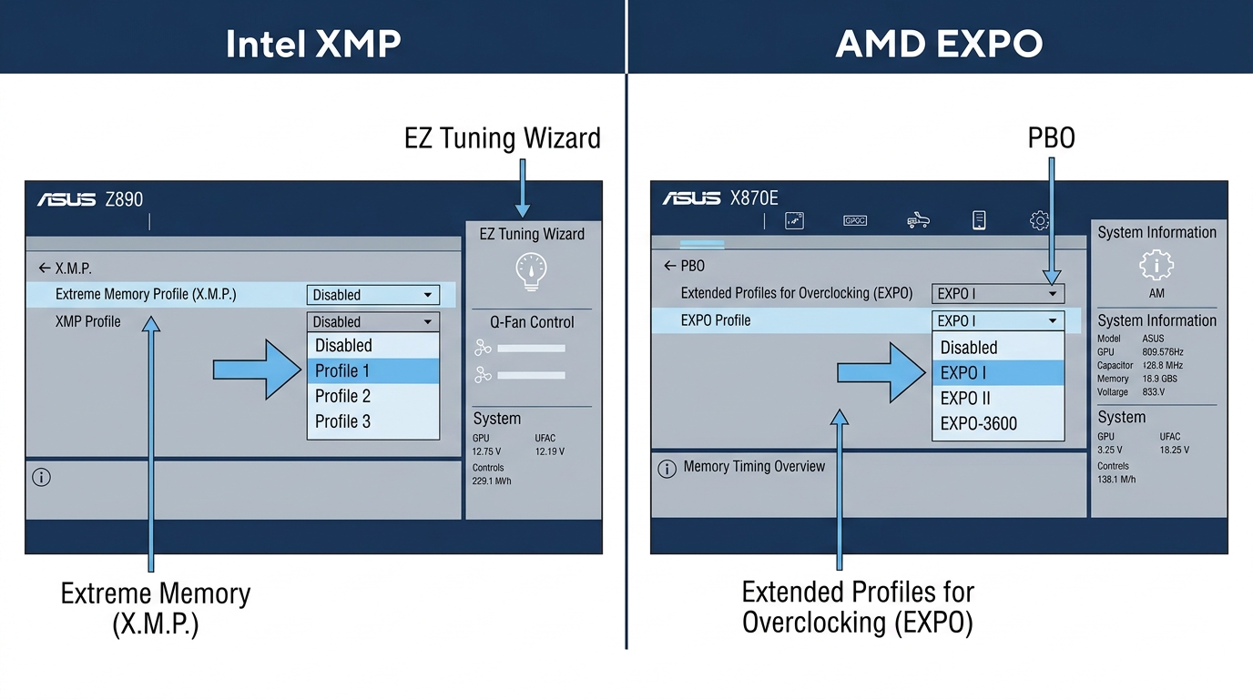 XMP toggle Intel Z890 motherboard BIOS vs EXPO toggle AMD X870E motherboard UEFI