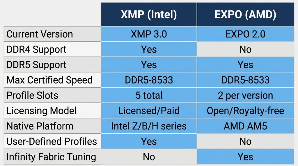 XMP EXPO specifications comparison table versions DDR generation speed profiles