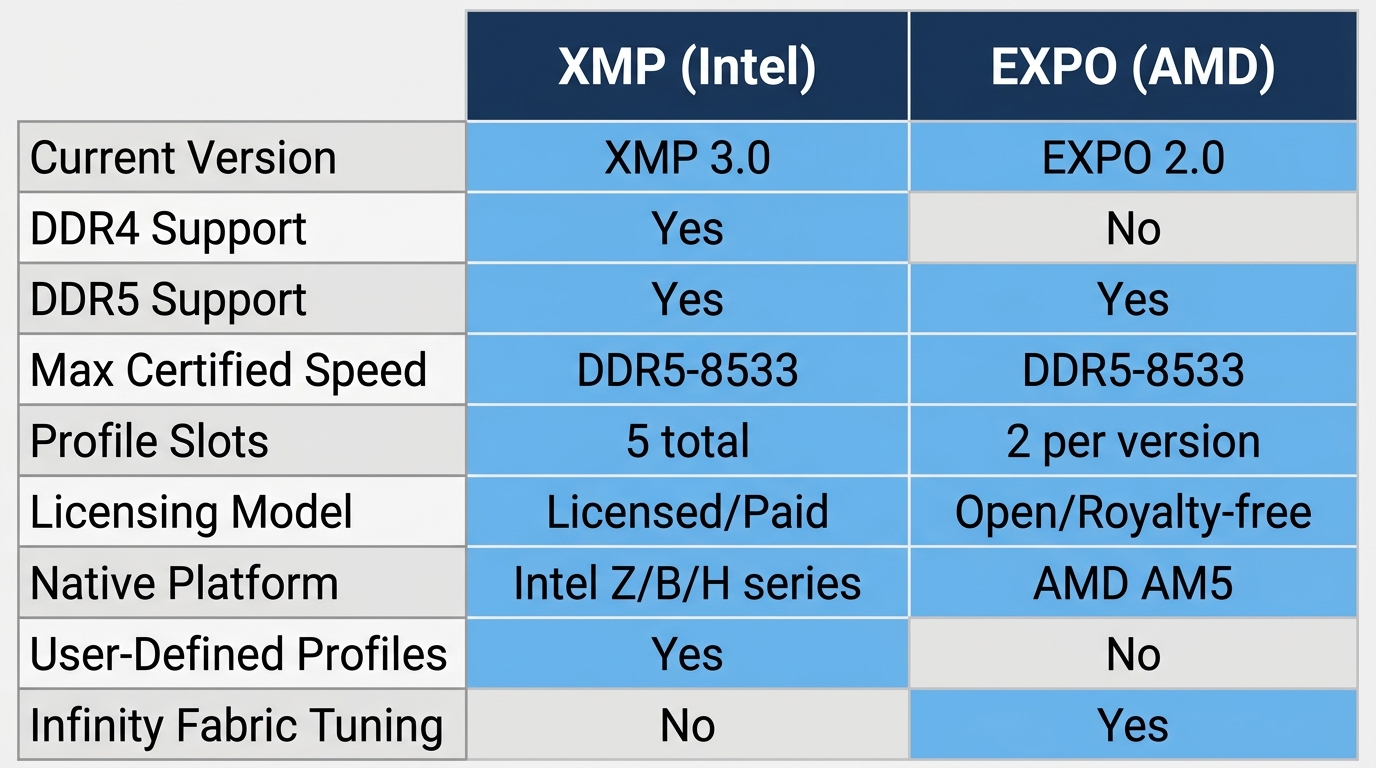 XMP EXPO specifications comparison table versions DDR generation speed profiles