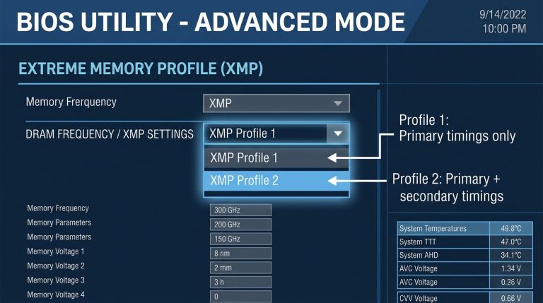 XMP Profile 1 Profile 2 BIOS dropdown menu selection options