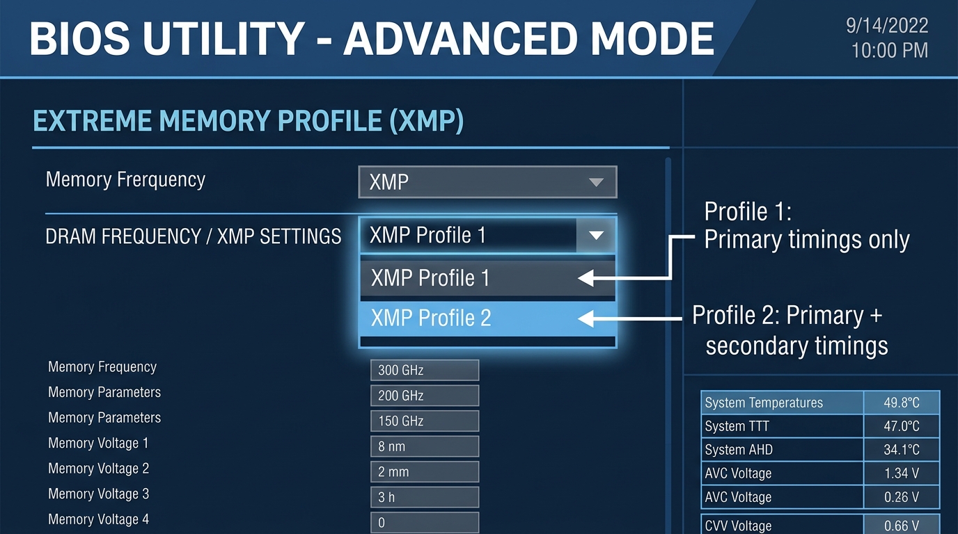 A BIOS dropdown menu showing the XMP Profile 1 and Profile 2 selection options.