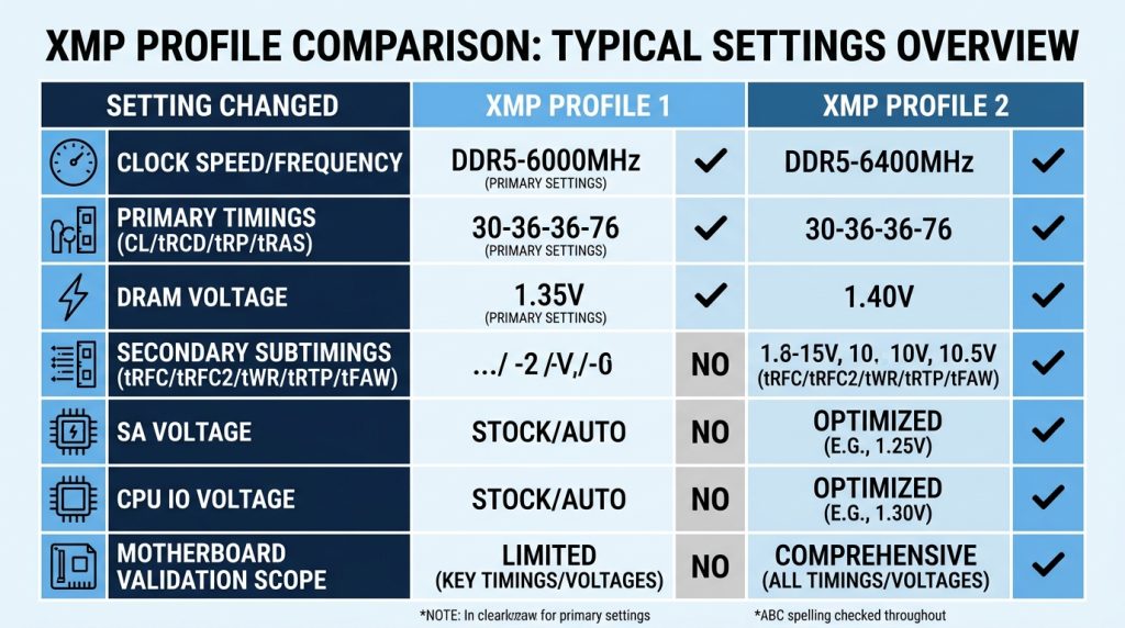 A comparison table listing which timings and voltage settings XMP Profile 1 and Profile 2 each change.