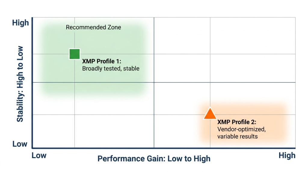 A diagram weighing XMP Profile 1's stability against Profile 2's small performance gain and higher risk.