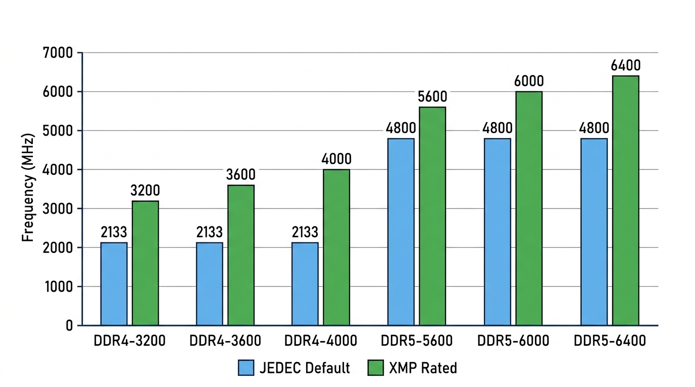 DDR4 DDR5 RAM speed comparison JEDEC default vs XMP rated MHz