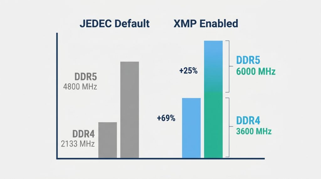 DDR4 DDR5 JEDEC default vs XMP rated speed comparison diagram