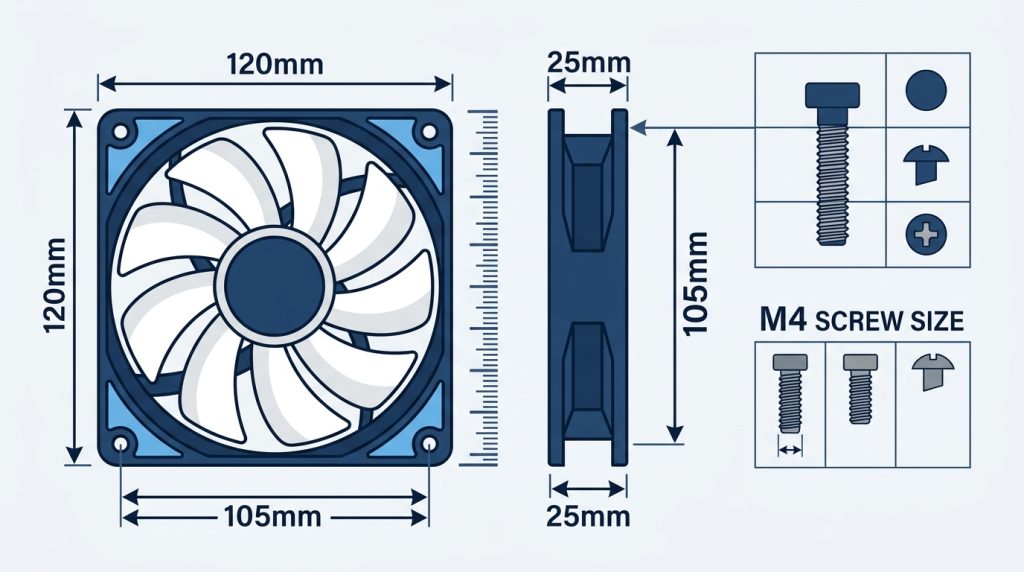 Diagram of a 120mm case fan showing its 120x120x25mm frame with corner mounting holes