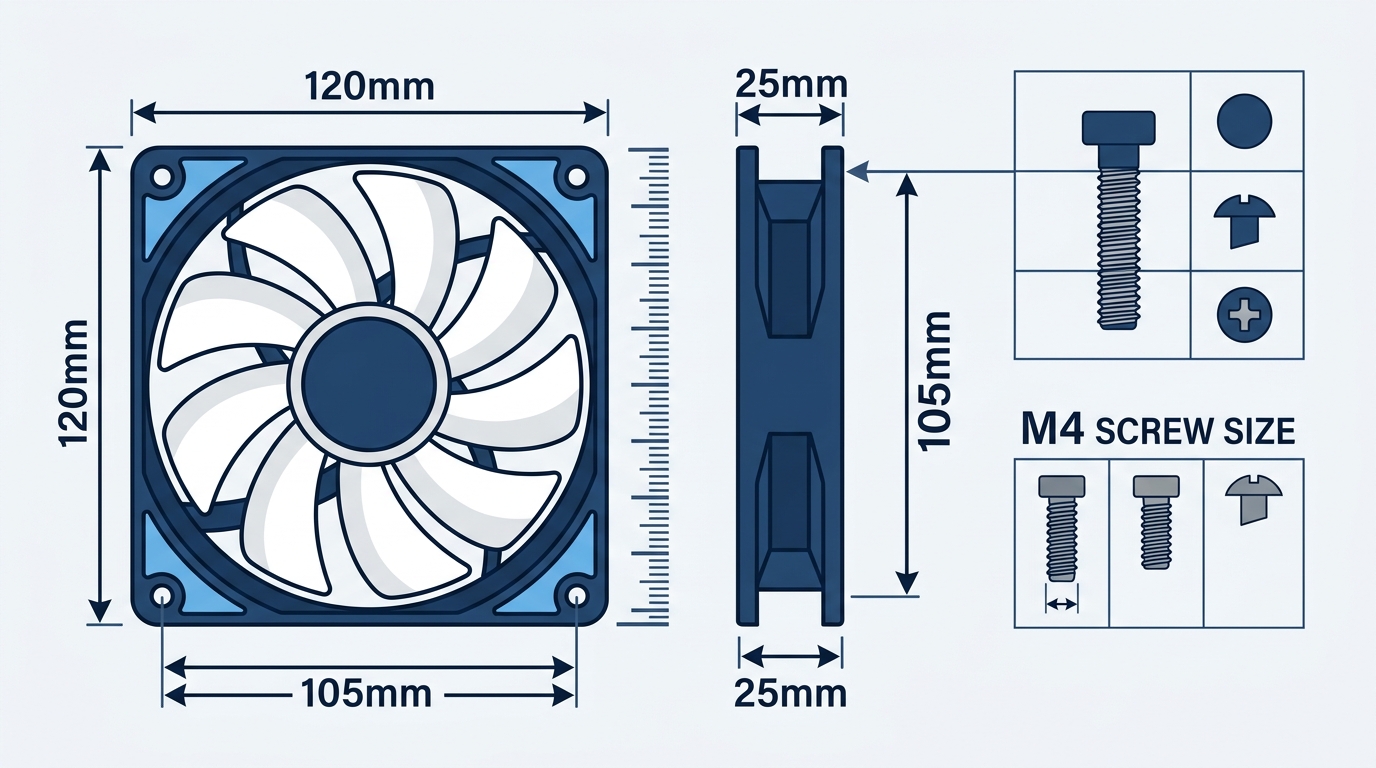 Diagram of a 120mm case fan showing its 120x120x25mm frame with corner mounting holes