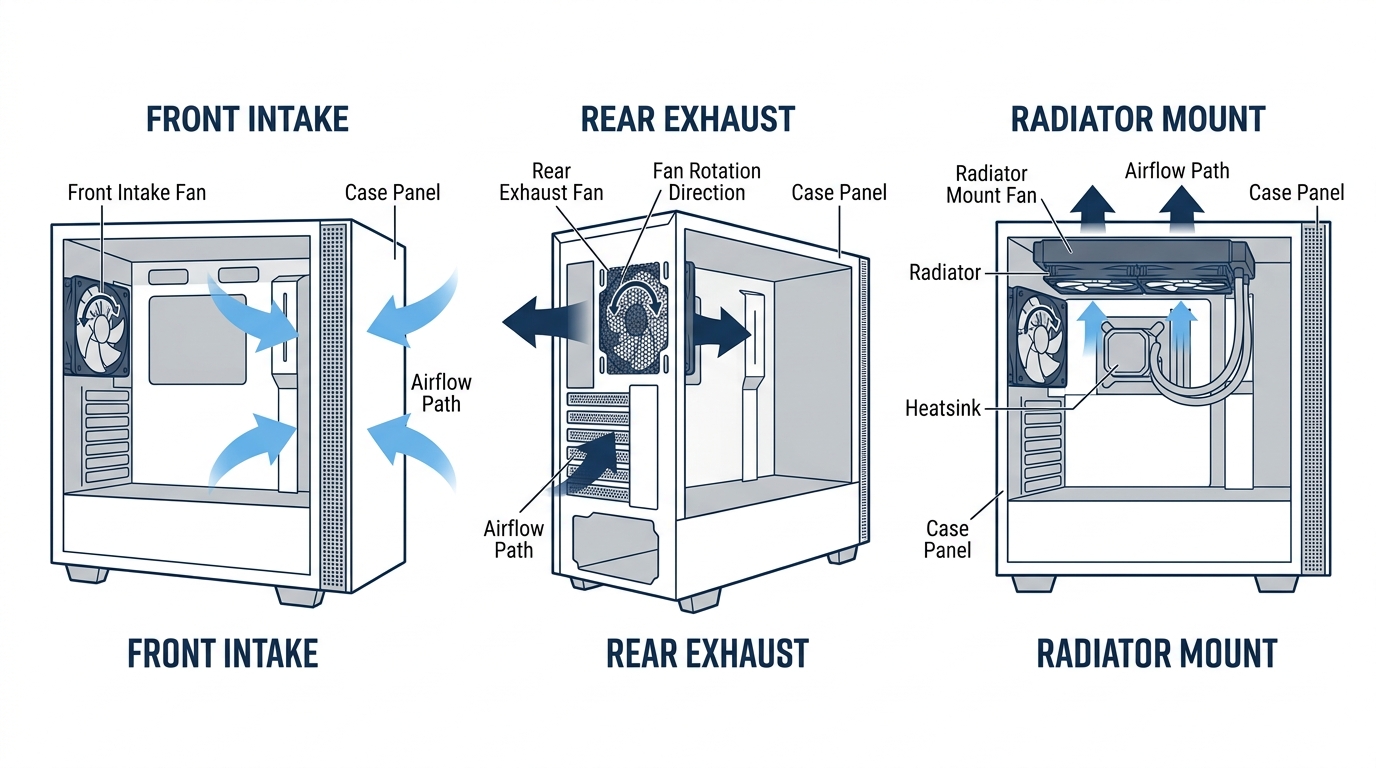 PC case diagram with arrows showing intake fans at front and bottom, exhaust fans at rear and top
