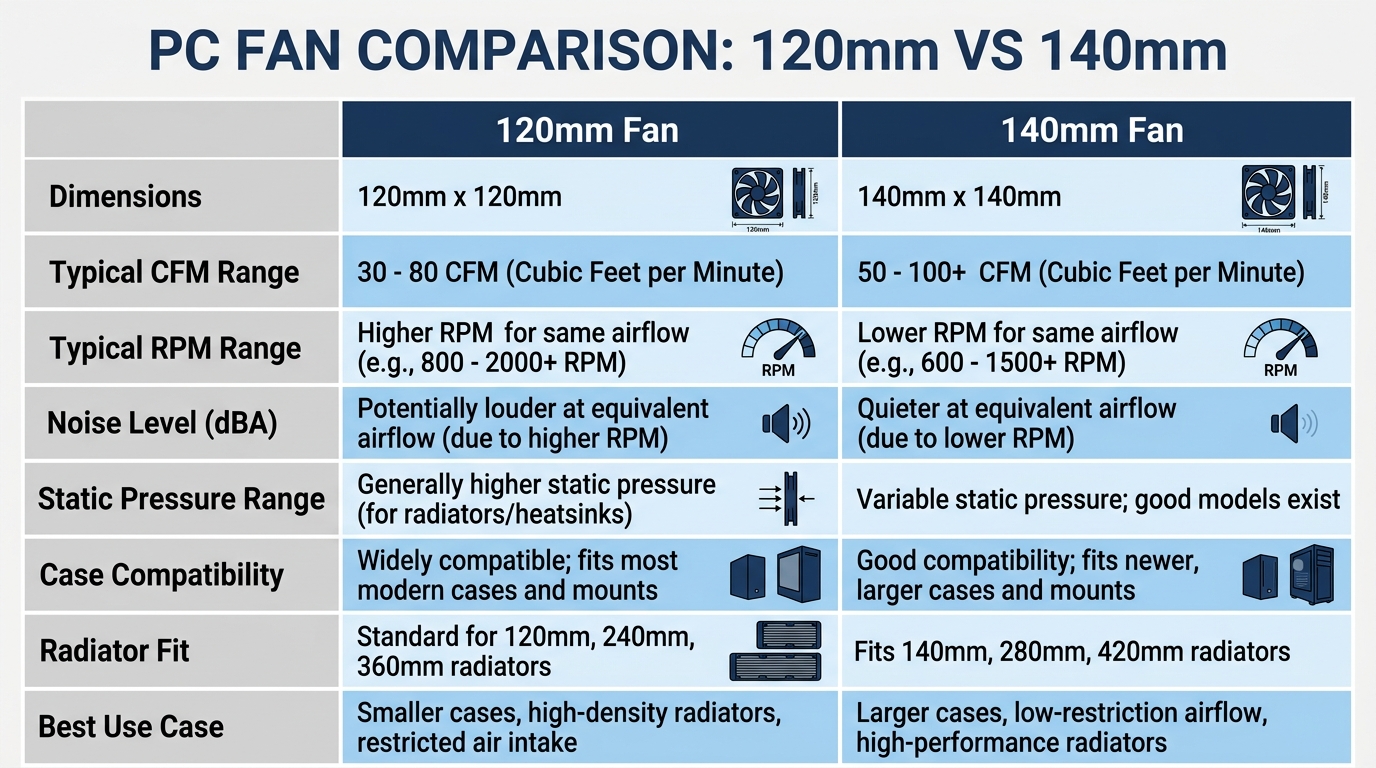 Side-by-side spec comparison of a 120mm and a 140mm case fan