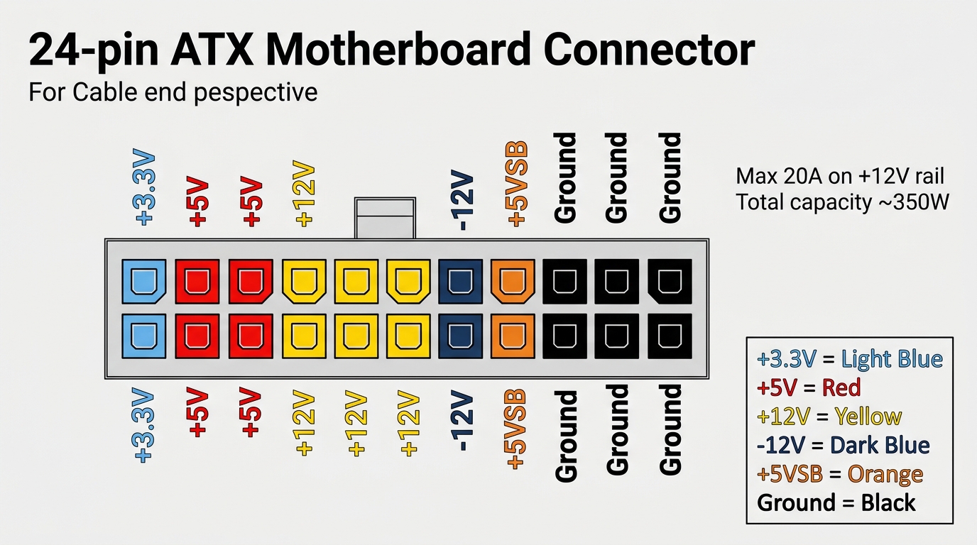 24-pin ATX connector pinout diagram voltage rails 3.3V 5V 12V ground