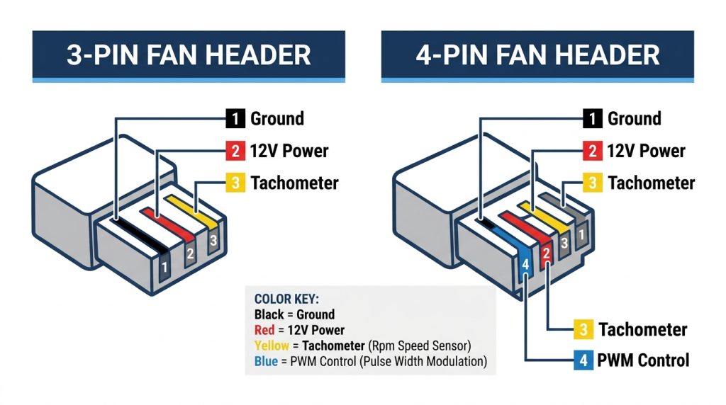 3-pin DC fan header vs 4-pin PWM fan header pin layout comparison