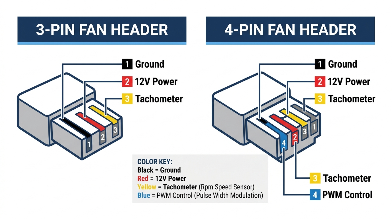 3-pin DC fan header vs 4-pin PWM fan header pin layout comparison