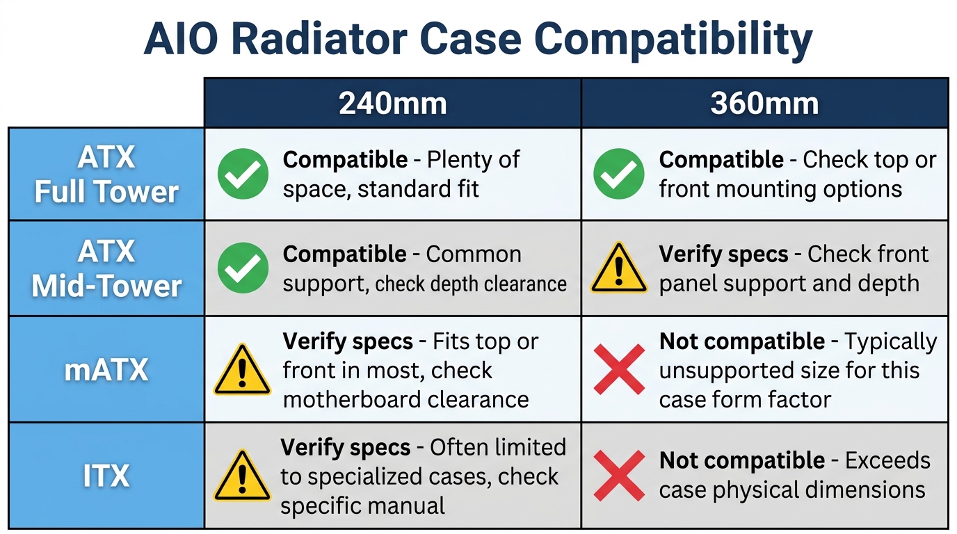 AIO radiator compatibility matrix 360mm 240mm ATX mid-tower mATX ITX case types