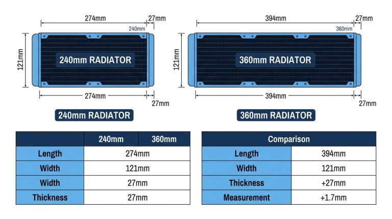 360mm vs 240mm AIO radiator dimensions side-by-side comparison with measurement labels