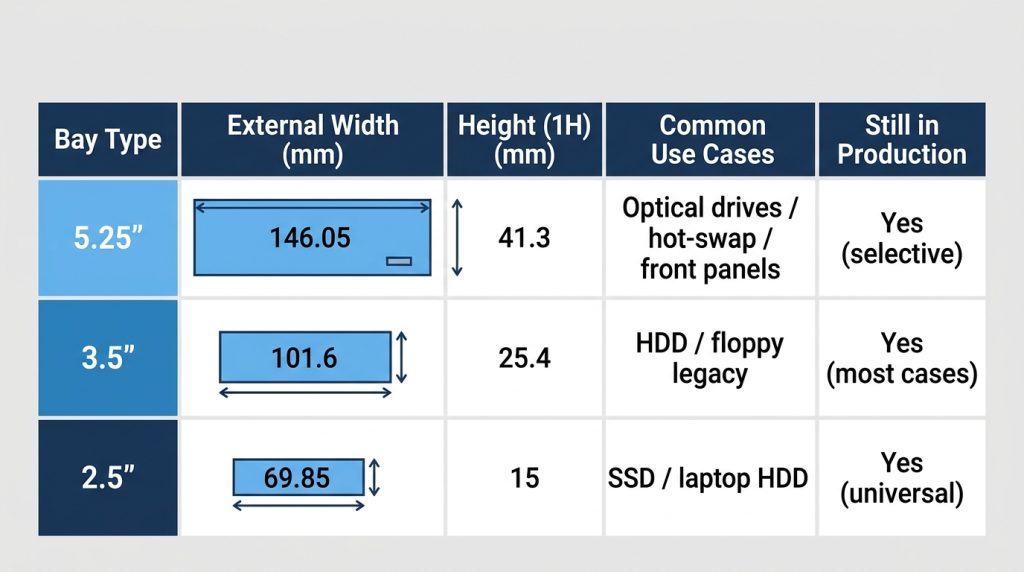 5.25 3.5 2.5 inch drive bay comparison width height specifications chart