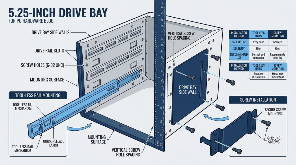 5.25 inch drive bay internal mounting rails screw holes tool-less installation