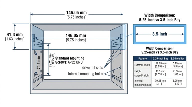 5.25 inch drive bay dimensions 146mm width 41.3mm height screw spacing diagram
