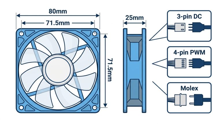 80mm case fan frame width depth screw hole spacing connector types labeled