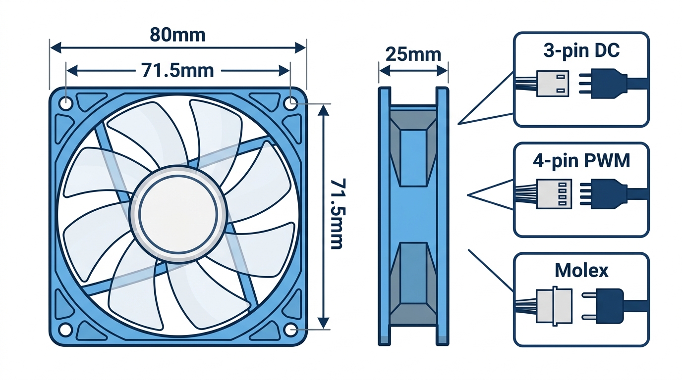 80mm case fan diagram showing frame width, depth, and screw hole spacing