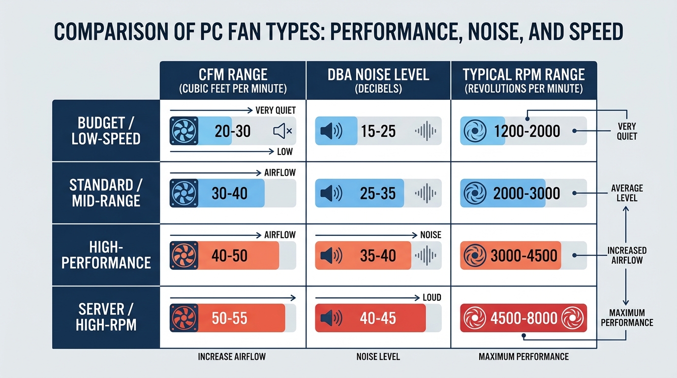 Chart comparing CFM airflow and dBA noise across 80mm fan RPM ranges