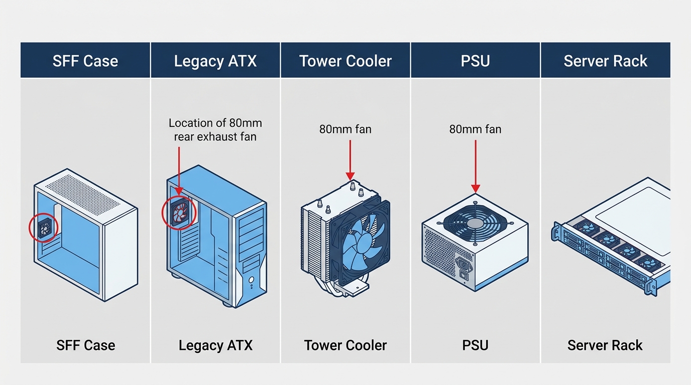 Diagram of 80mm fan mounting locations across SFF, ITX, ATX, PSU, and server cases