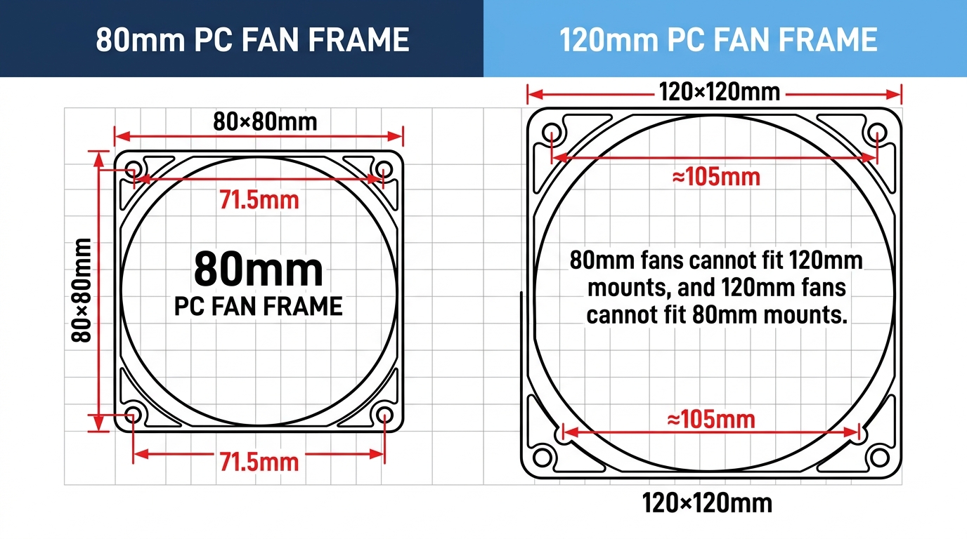 Side-by-side size comparison of an 80mm case fan next to a 120mm case fan