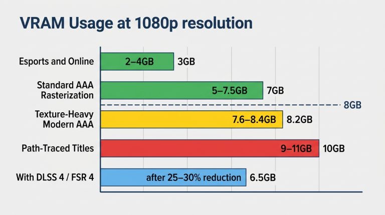 8GB VRAM usage chart 1080p gaming esports AAA path-traced titles