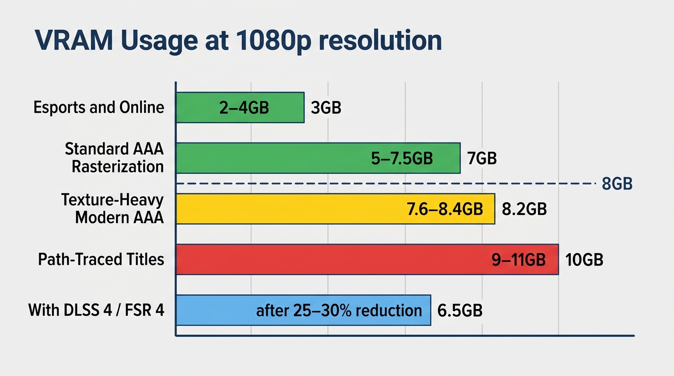 Bar chart comparing typical VRAM usage across esports, AAA, texture-heavy, and path-traced game categories at 1080p