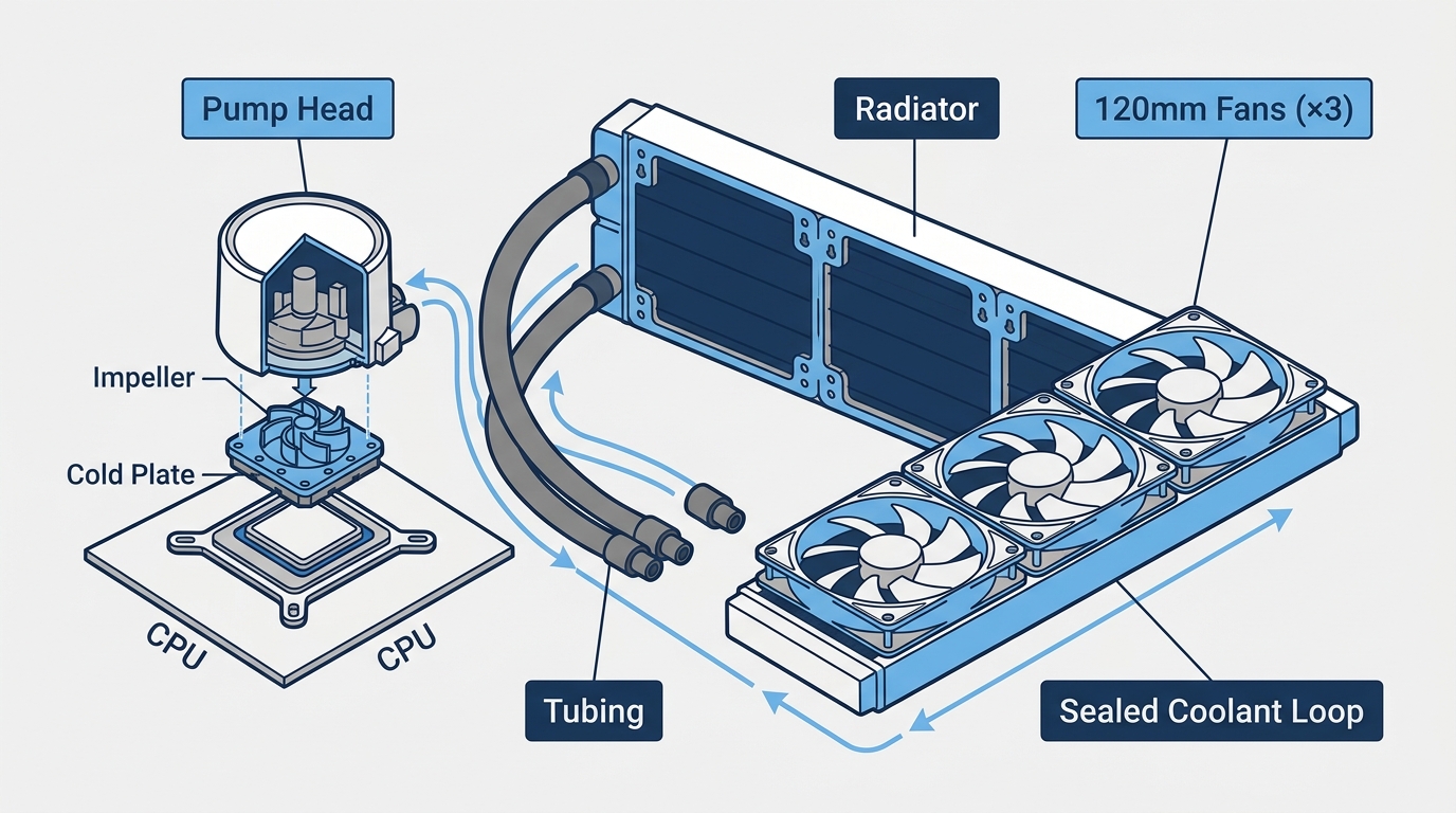 AIO cooler internal components labeled pump head radiator tubing fans coolant loop