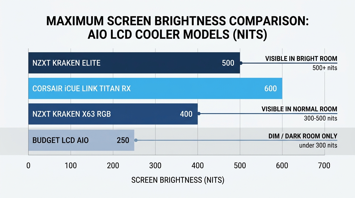 Bar chart comparing display brightness in nits across NZXT Kraken and CORSAIR iCUE AIO screens.