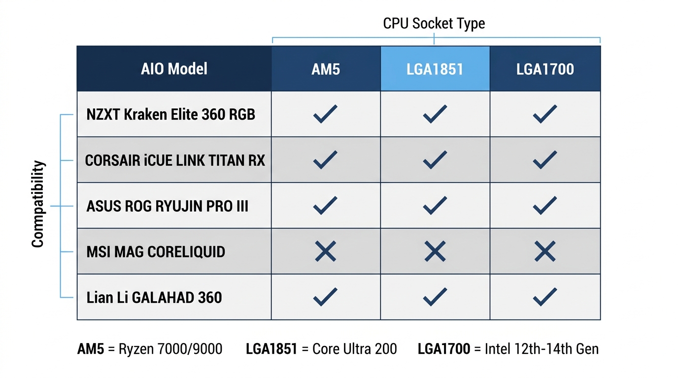 Compatibility matrix showing AIO cooler socket support across AM5, LGA1851, and LGA1700 platforms.
