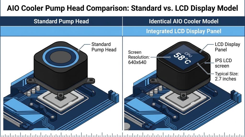 A round IPS display built into one pump head sits beside a plain screen-free pump head.