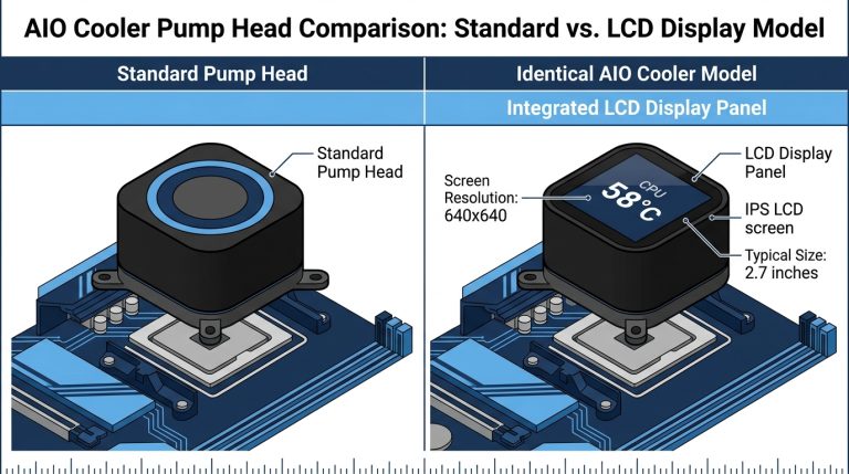 AIO cooler LCD screen pump head vs standard pump head side-by-side comparison