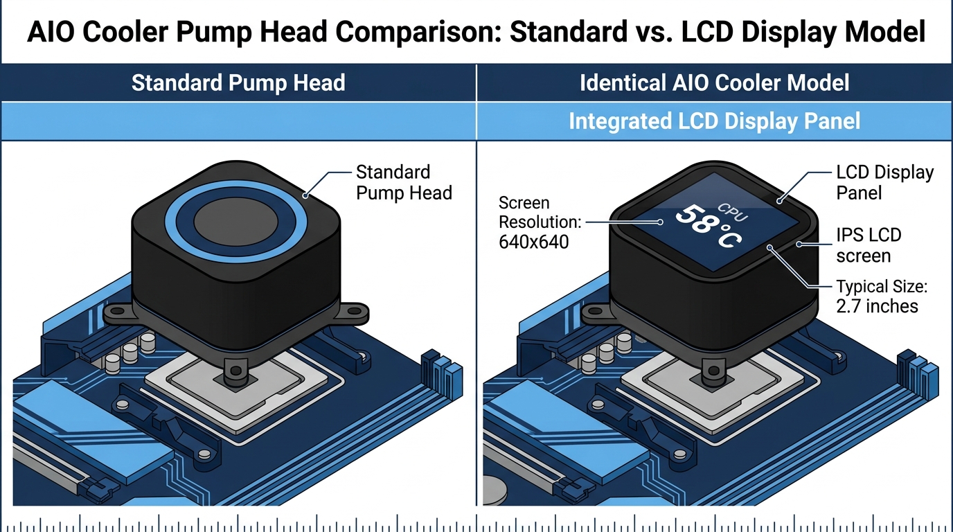 A round IPS display built into one pump head sits beside a plain screen-free pump head.