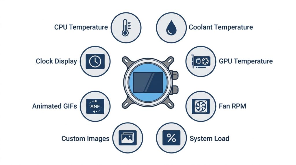 Infographic listing AIO screen display options: CPU temp, GPU temp, custom images, and GIFs.