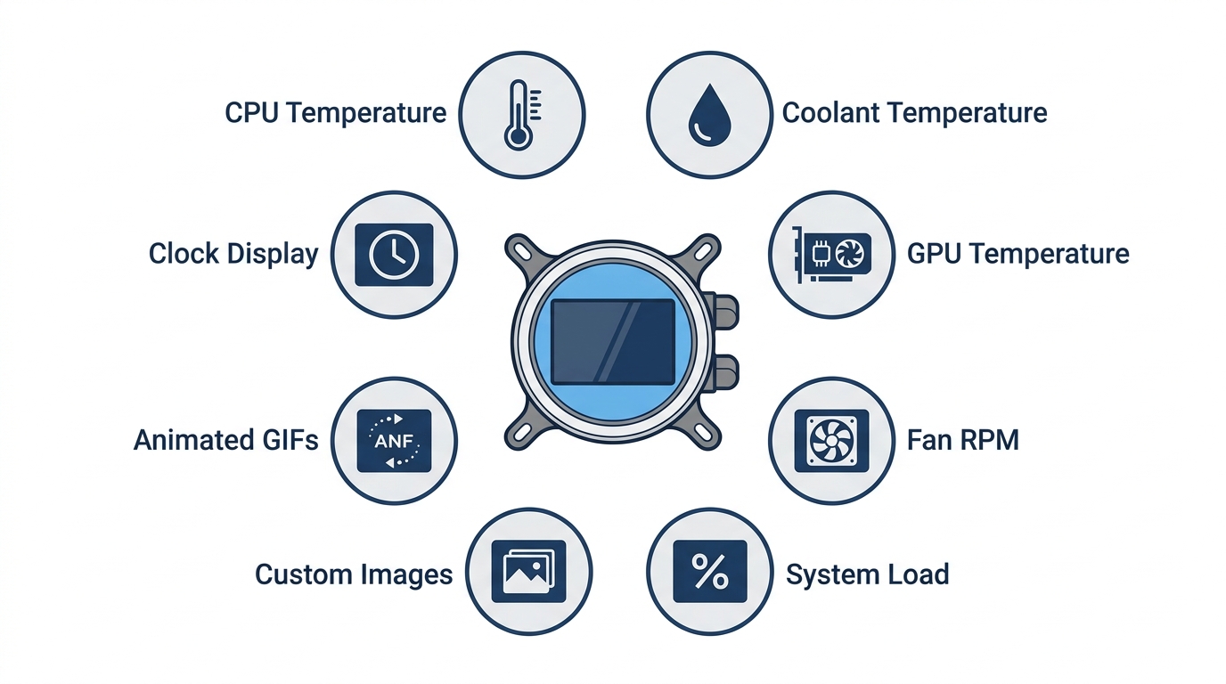 Infographic listing AIO screen display options: CPU temp, GPU temp, custom images, and GIFs.