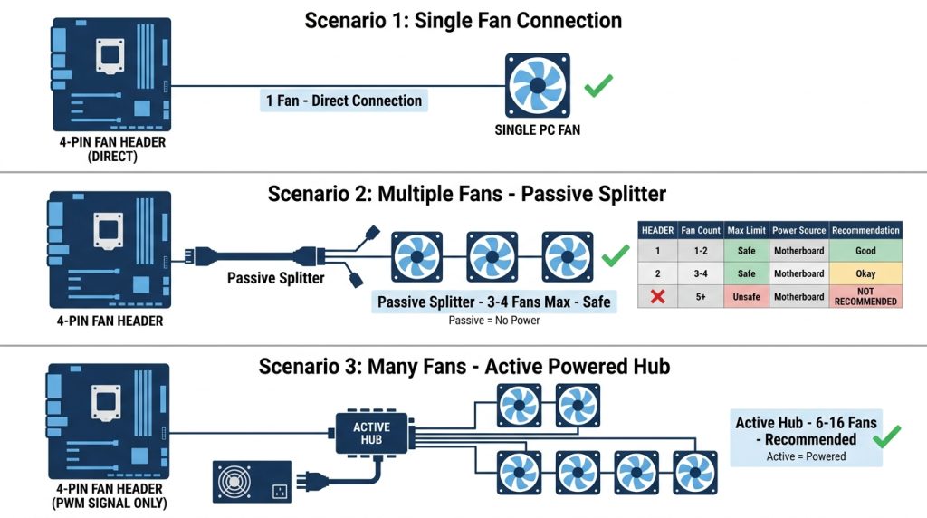 ARGB fan daisy chain passive splitter active hub connection limits